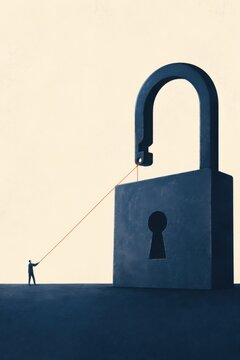 Tiny person pulling a red rope to open the shackle of a giant padlock, minimalist concept of security, access, unlocking solutions and overcoming barriers