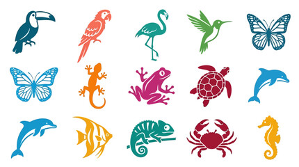 Tropical animal icons set, colorful exotic wildlife vector silhouettes, 15 nature elements including birds and sea life for summer branding © sidra