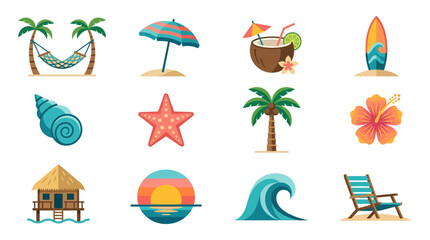 Fototapeta premium Tropical summer beach icons set, flat vacation travel elements with palm trees and ocean waves, 12 colorful vector illustrations for tourism
