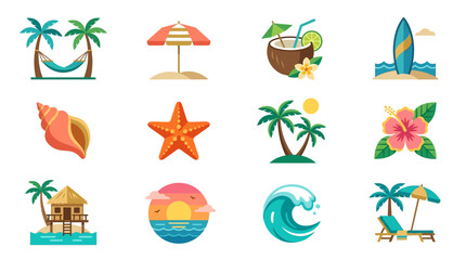 Fototapeta premium Tropical summer beach icons set, flat vector vacation travel elements, exotic island holiday symbols with palm trees and ocean waves