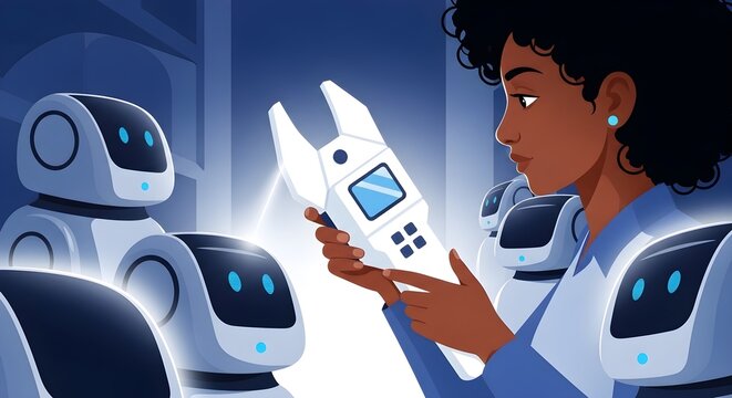 Woman interacting with robots and a rocket in a futuristic setting