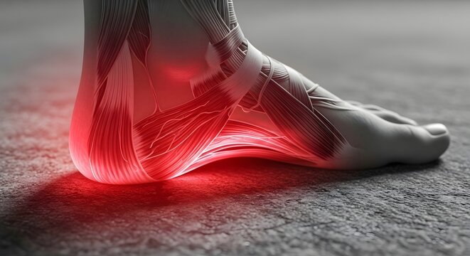 Ankle and foot anatomy with soft tissue inflammation. Medical diagnostics and podiatry. 3D visualization of a human foot with highlighted painful tendons