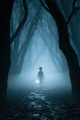 Fototapeta premium dark gothic forest at night with ghost, eerie ghost in foggy gothic woodland, haunted moonlit forest with spectral child lantern