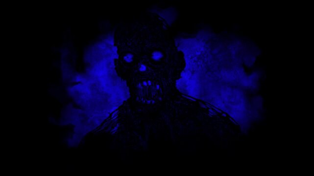 黒いノイズの入った動く人影と青い不気味な背景のアニメーション動画