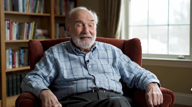 Interview material for the elderly sitting in a chair, smiling white-haired old man sitting in the sand