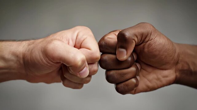 Close-up of two people fist-to-fist, close-up of clenched fists