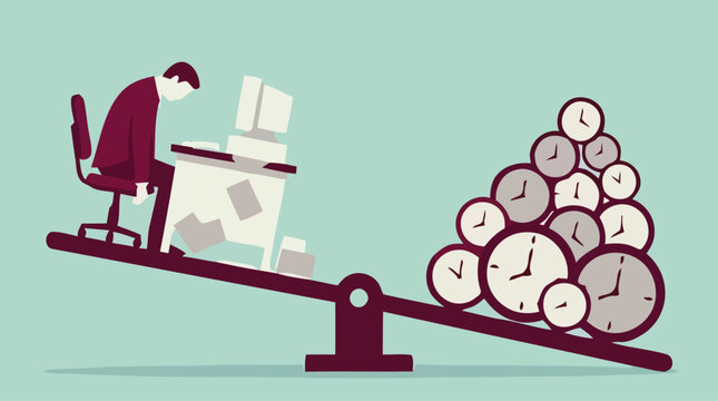 Man struggles to balance work and time on a seesaw with clocks and papers