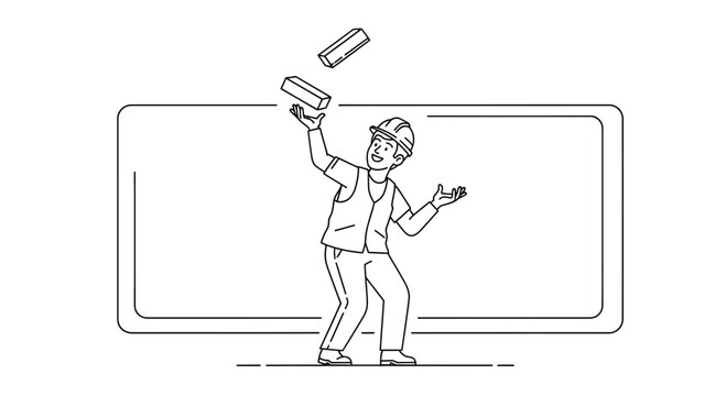 Construction worker juggling bricks with a blank billboard background, concept of multitasking and hard work