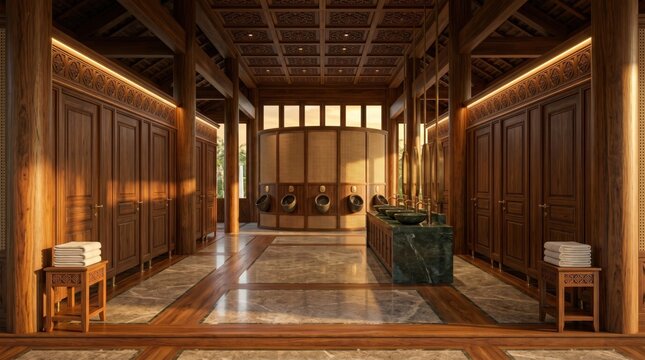 Luxury Wooden Resort Restroom Interior 3D Render Breakdown