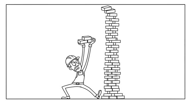 Construction worker struggling to build a tall, unstable brick wall