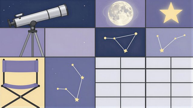 Telescope, moon, stars, constellations, director's chair  stargazing setup.