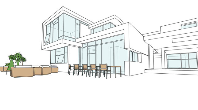 Modern luxury residential villa sketch with outdoor swimming pool area and lounge furniture for architectural plan.