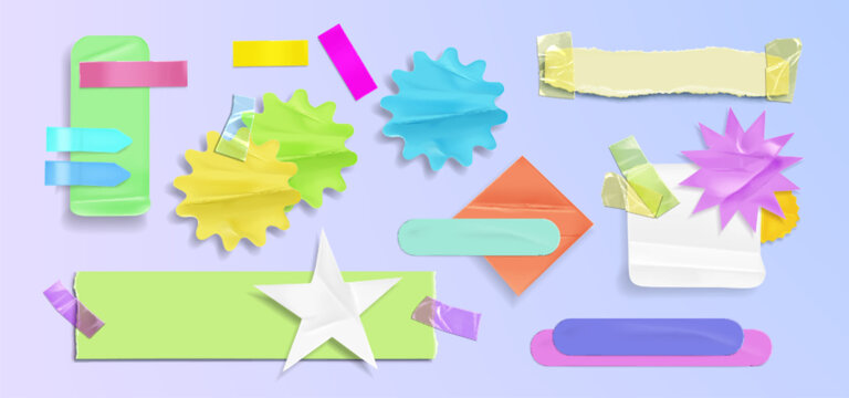 Torn paper notes with color adhesive tape strips, vector memo frames with realistic texture isolated on background. Vintage scrapbook elements, retro stickers and ripped pieces for collage design