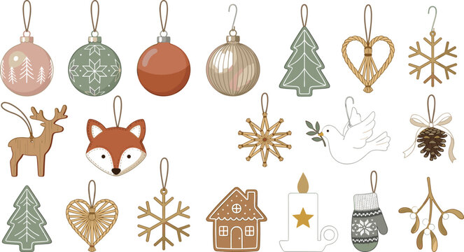 Elegant Christmas ornament collection with vintage holiday decorations, winter symbols, woodland animals and festive rustic elements