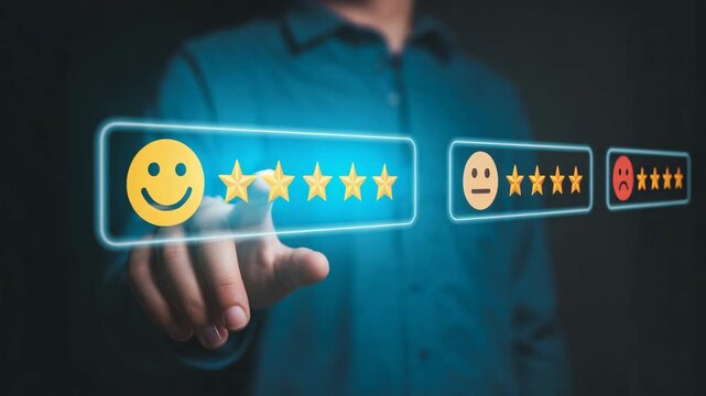 Customer satisfaction rating with five stars and smiley face, digital feedback interface, business service evaluation concept