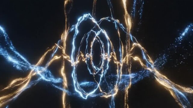 Abstract swirling energy streams of glowing blue and gold particles intertwining and forming a symmetrical, complex pattern against a deep black background suggesting cosmic forces or digital data