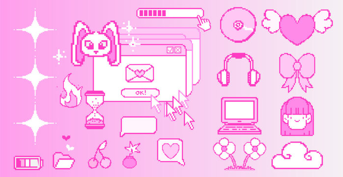 Pixel art sticker set with Y2K icons, retro game elements, vector illustration isolated on background. Winged heart, battery, headphone and cd, rabbit digital design. Nostalgic 90s computer ui graphic