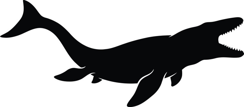 Black silhouette of a mosasaur swimming