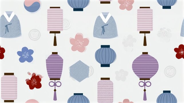 korean cultural pattern, elegantly tiled design with korean cultural elements for south korea independence day in a refined, minimalist style