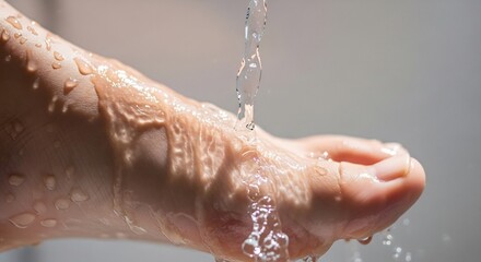 Fototapeta premium Close-up of a human foot being washed with clean water droplets.