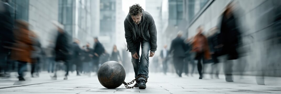 Person dragging iron ball and chain through busy urban street surrounded by indifferent crowd, depression and mental health awareness concept, copy space
