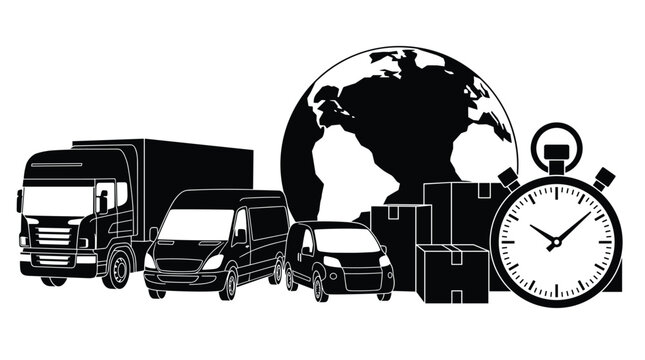 Logistics icon set featuring a delivery truck van car global globe package boxes and a stopwatch for fast shipping.