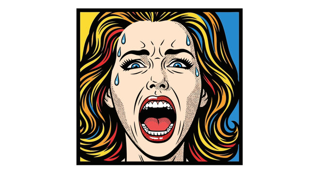 Woman Screaming in Fear, Pop Art Style, Sweat Droplets, Distress, Panic, Vintage Comic Book