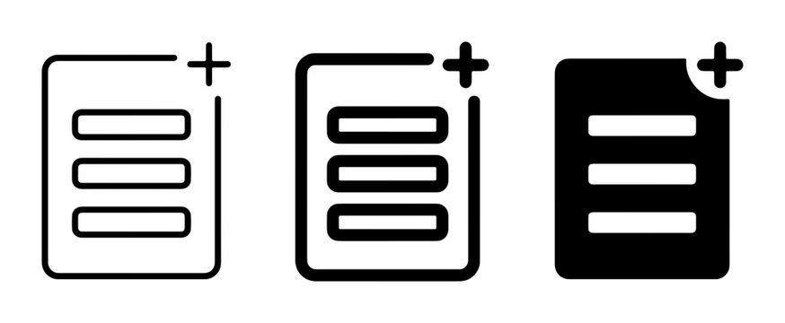 Add Document Icons, New List Symbol, Plus Sign Collection, Simple Flat Design for Data Entry and Management