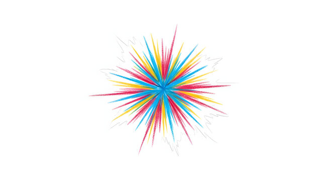 Abstract watercolor paint splash with sharp radiating lines in red, blue, and yellow colors isolated on a white background for creative design projects and artistic concepts.