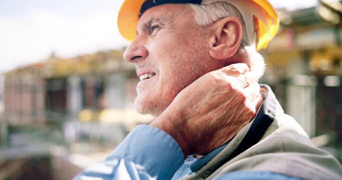 Construction, neck pain and mature man with injury, accident and overworked at building site. Engineering, outdoor and person massage for muscle strain, pressure and fibromyalgia with arthritis