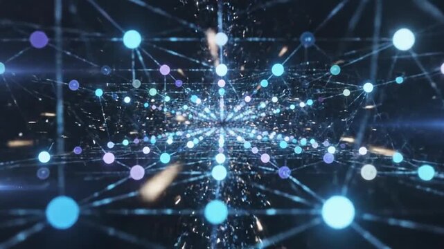 Abstract digital network of interconnected glowing spheres in shades of blue and purple creating a deep perspective tunnel effect against a dark background representing data connections or a cosmic