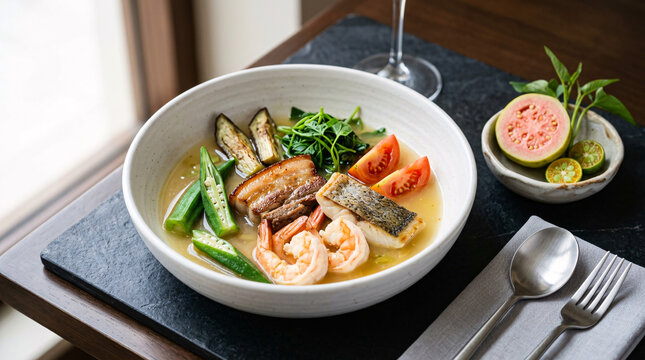 Modern restaurant bowl of Filipino sinigang with shrimp, fish, pork belly, okra, eggplant, tomato, guava, and clear sour broth