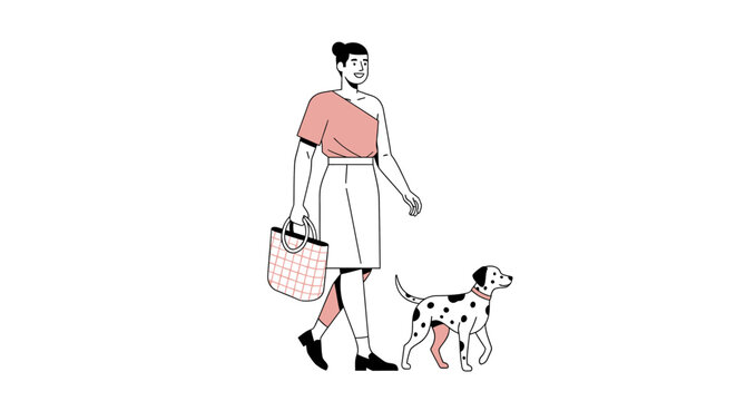 Woman walking her Dalmatian dog outdoors.
