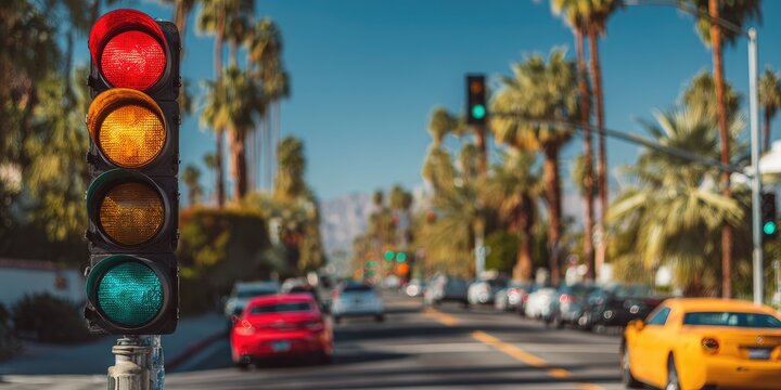 Traffic light shows green, red, and yellow, overlooking a sunny street