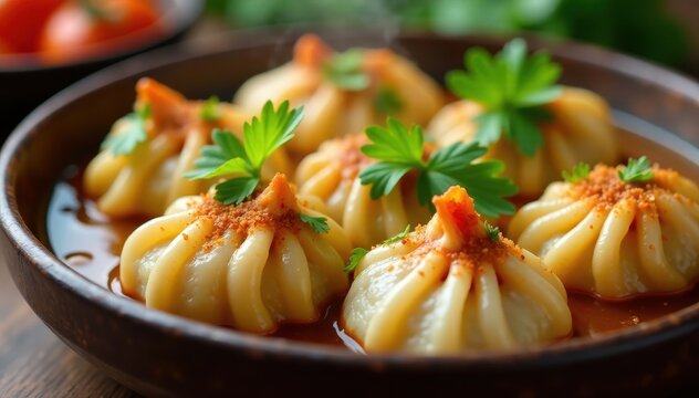 Close-up of steamed momos with fresh herbs and spices , Himalayan spices, chilies, momos filling