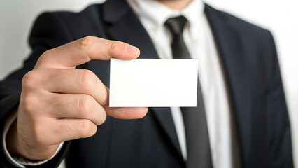 Fototapeta premium Business professional holding blank white card in formal office setting