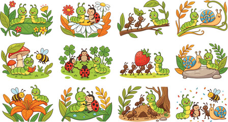 Cute caterpillar, ladybug, bee, ant, and snail cartoon insect characters set, vector illustration © Jarin