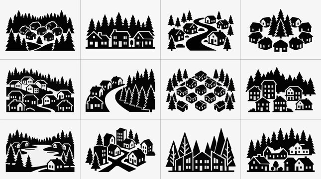Cozy Mountain Village Scenic Illustrations.