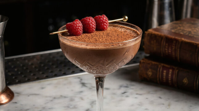 chocolate mousse dessert cocktail with raspberries.