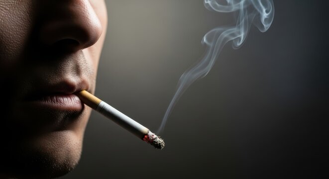 Closeup of a man smoking a with smoke swirling against a dark background