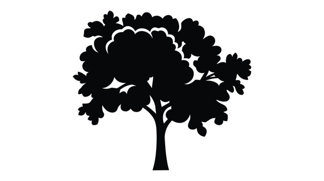 Single deciduous tree silhouette with dense rounded foliage crown isolated on checkered transparent background.