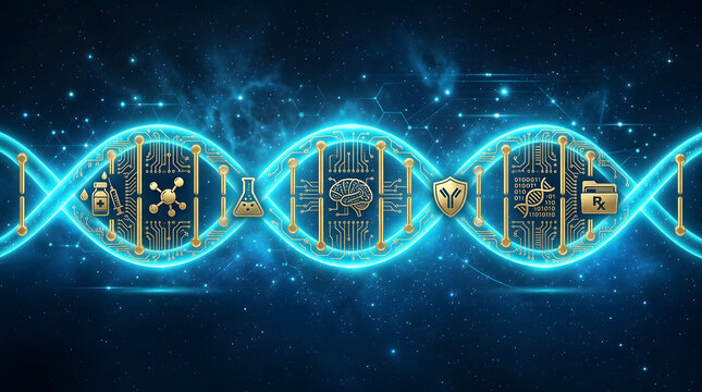 Abstract glowing cyan dna helix with golden circuit board elements and scientific icons representing biotechnology medicine and digital data flow against a starry nebula background
