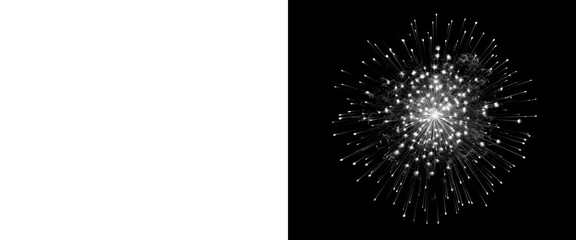 Abstract glowing particle explosion on black background, white light burst with radiating lines, cosmic energy sphere illustration © Joba