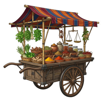 Colorful spice cart with fresh herbs and traditional scales