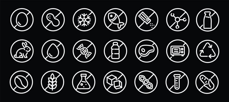 Allergen free badges. No sugar, gluten, lactose, oil free editable stroke thin outline icons set isolated on white background flat vector illustration. Pixel perfect. 64 x 64.