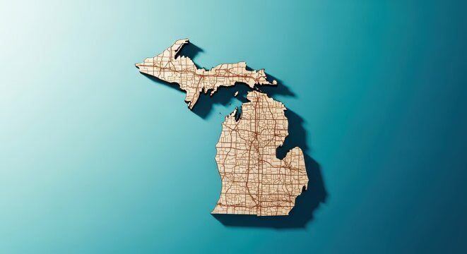 Wooden map of michigan state with detailed road network isolated on a blue background