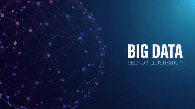 Big data vector illustration, digital plexus network sphere on dark blue background, futuristic global technology connection concept
