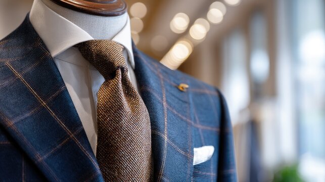 Elegant tailored suit with a plaid pattern, white shirt, and textured tie