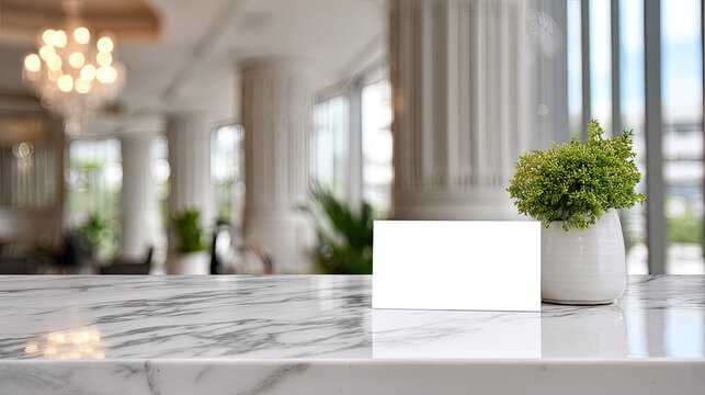 Elegant marble counter with blank card and potted plant in bright, blurred background