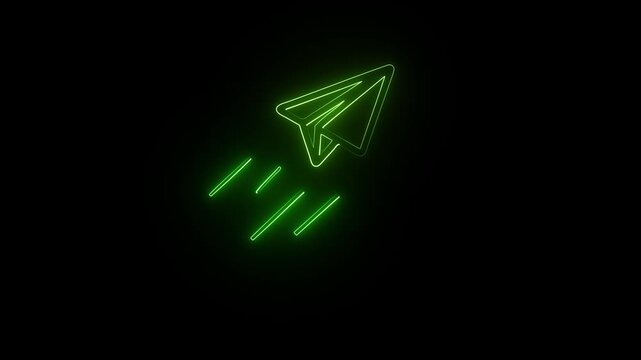 neon Send Message faster icon with Paper Plane Animation.Flying paper plane black background.